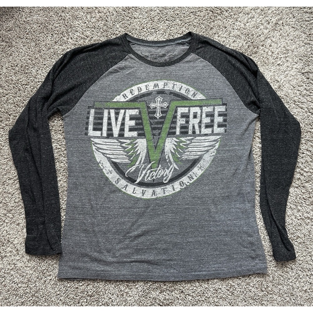 RAW STATE Live Free Mens Long Sleeve T-Shirt 2XL Gray‎ Y2K Double Sided